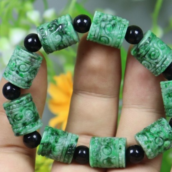 15*12.5*12.5 mm BEAD /54.43g Cert'd Green Natural A JADE jadeite Moire Bracelet - Picture 2 of 2